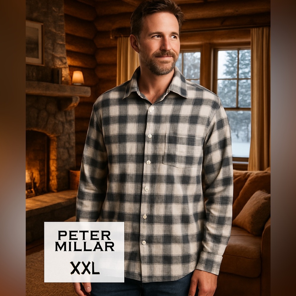 Peter Millar XXL Plaid Cotton Button Down Shirt Gray Black White Preppy Casual